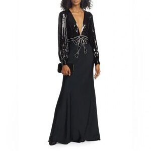 SACHIN & BABI Lane Sequin & Satin Crepe Gown Black Maxi Bow Dress Us12